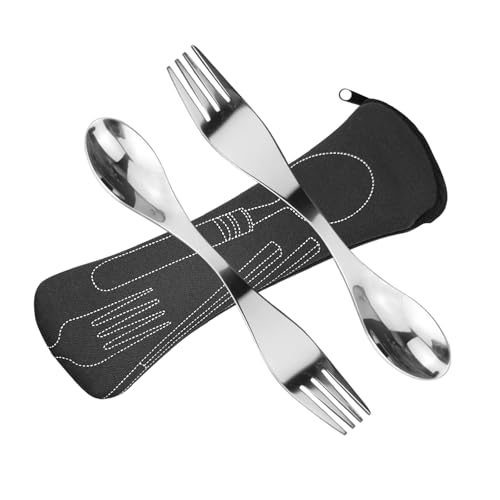 Göffel Edelstahl Gabel und Löffel Campingbesteck Leichtes Besteck Dual-Use 2 Stück (Schwarz)