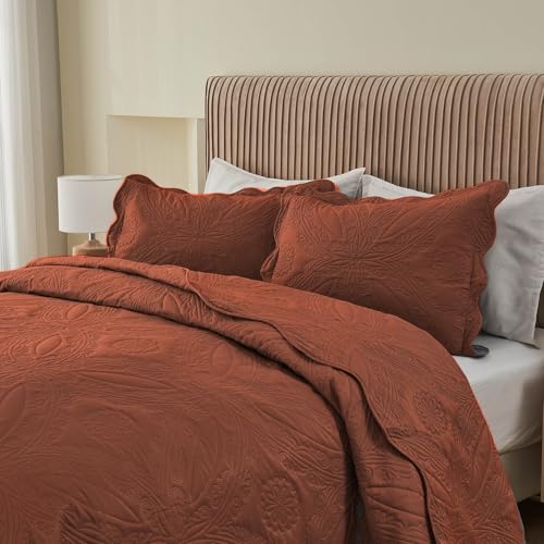 Image of Kingnex Oversized King Bedspreads 128x120 for Tall King or Cal King Bed Ultrasonic Quilted Coverlet Set 3 Piece Include 1 Extra Wide Quilt 2 Pillowcases Baked Clay