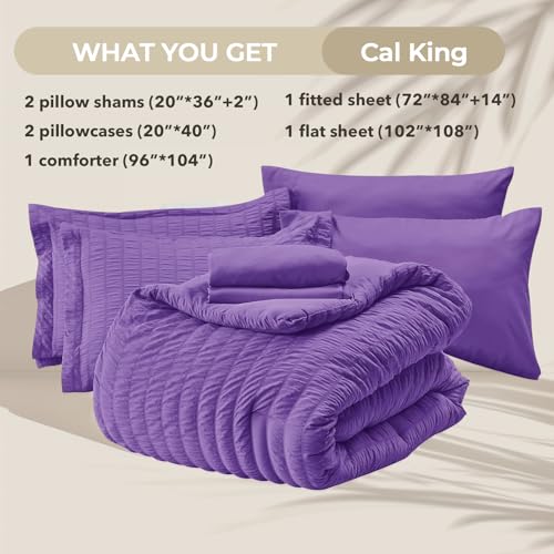 Image of HYMOKEGE Bright Purple California King Comforter Set Seersucker 7 Pieces, All Season Luxury Bed in a Bag for Bedroom, Bedding Set with Comforter, Sheets, Pillowcases & Shams