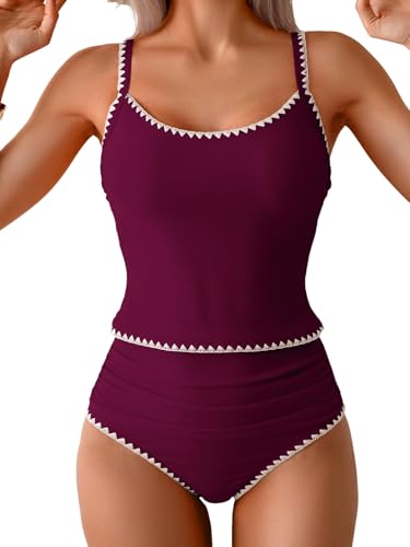 Image of Eomenie Tankini Swimsuit for Women Tummy Control Ruched Two Piece Bathing Suits High Waisted Shell Stitch Swimwear