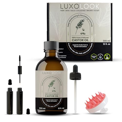 Pure Castor Oil - Cold Pressed 100% Castor Oil for Hair Growth, Skin, Eyebrows, Eye Lashes, Nails & Cuticles - Hexane Free, Natural & Unrefined - Includes Dual Mascara, Dropper & Scalp Massager