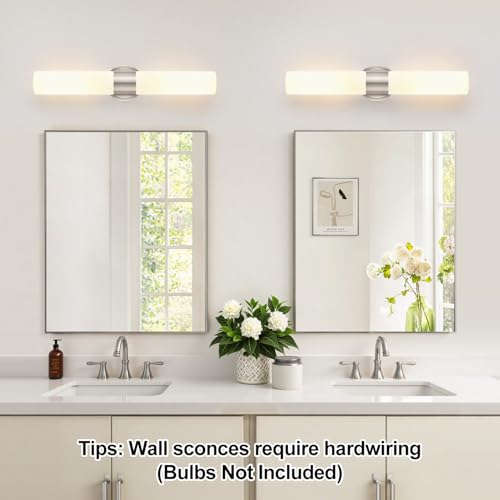 Image of Wall Sconces Set of Two, Modern Bathroom Sconces Wall Lighting with Milky White Glass, Brushed Nickel Sconces Wall Decor Set of 2 for Bathroom Mirror Bedroom Living Room Hallway
