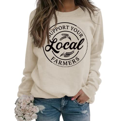 Noffish Women Farm Sweatshirt Support Your Local Farmer Sweatshirt (1-Sand,Large,Female,Adult,US,Alpha,Large,Regular,Regular)