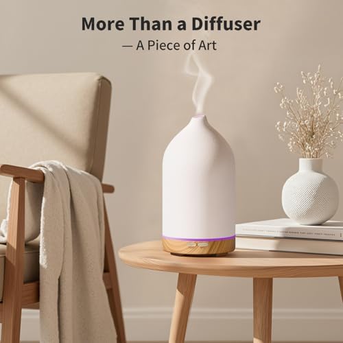 URPOWER 120ML Ceramic Essential Oil Diffuser Ultrasonic Aromatherapy Diffuser with Wood Grain Base, 7-Color LED Lights Auto Shut-Off, Humidifier for Home & Office, Air Diffuser for Relaxation - Thumbnail 4