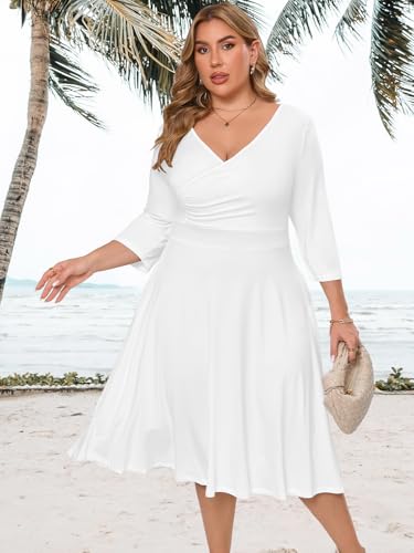 Image of Plus Size Dresses for Women A-Line V-Neck Swing Flowy 3 /4 Sleeve | 3 /4 sleeve,v neck,pockets,casual,cocktail,wedding,holiday,home,work,date party,vacation,outdoor