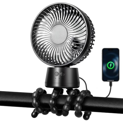 POPERFUN Kinderwagen Ventilator 10000mAh Stoller Fan mit LED-Licht Rotierender USB Ventilator 3 Geschwindigkeiten Geeignet Tragbarer Ventilator für Kinderwagen Kinderbetten Autositze Reisen