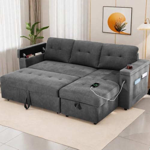 DWVO L-Shaped Sectional Sofa Bed, Sleeper Sofa with Pullout Couch, USB Ports, and Storage Chaise - Reversible Sleeper Couch for Small Apartments, Living Room Gray