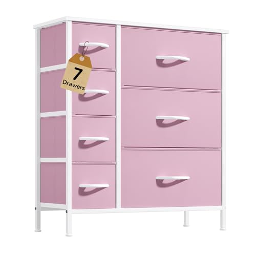 DWVO Dresser for Bedroom, 7 Drawers Fabric Dresser, Organizer Unit for Living Room, Hallway, Closets - Sturdy Steel Frame, Wooden Top & Easy Pull Fabric Bins, Pink
