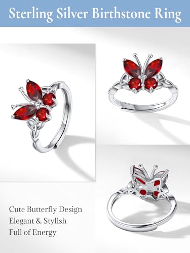 SILVERCUTE Butterfly Ring Adustable Band Sterling Silver Celtic Knot Stackable Ring Statement Garnet Red Flying Butterflies Signet Ring for Women