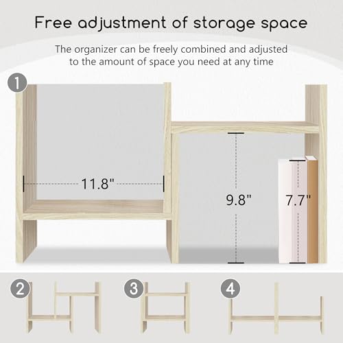 Image of Jerry & Maggie Desktop Organizer Office Storage Rack Adjustable Wood Display Shelf Free Style Double H, Multi-Functional Mini Bookshelf for Desk Natural Stand (White Wood Tone)