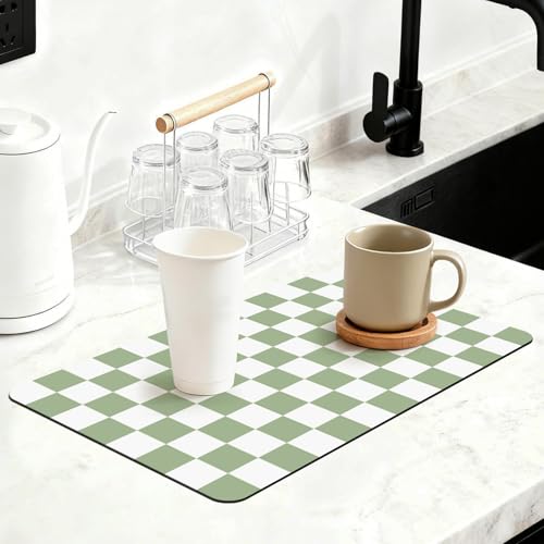 Yinoos 12' x 20' Checkered Dish Drying Mat for Kitchen Counter, Absorbent Coffee Bar Mat for Espresso Machine Coffee Countertops Accessories (Green)