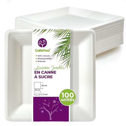 GoBeTree 100 Assiettes Jetables carrées 26 cm en Canne à Sucre Blanche, assiettes en papier...