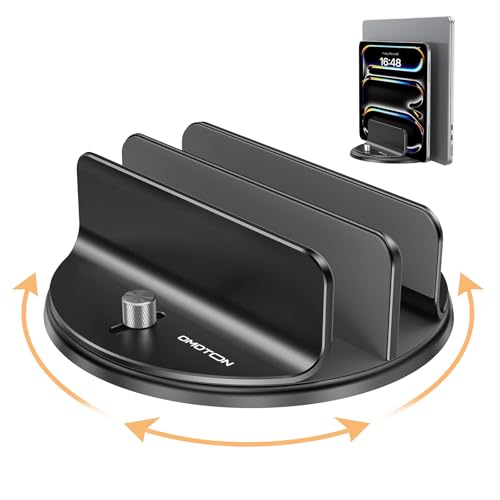 OMOTON VL04 pionowy stojak na laptopa obracany o 360°, aluminiowy organizer na biurko z dwoma gniazdami, na MacBooka i iPada, regulacja pokrętła bocznego (bez zgubionych śrub), pomieści laptopa