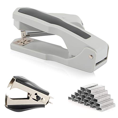 madeking Schwenkbarer Hefter mit Heftklammern, die Büro-Desktop-Heftgeräte haben 25 Blatt Kapazität, 360 Grad Schreibtisch-Drehhefter-Set, inklusive 1000 Heftklammern, Klammerentferner (1, Grau) Cover