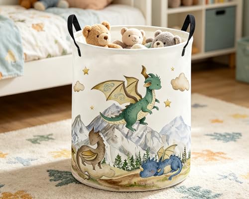 Image of ESSME Kids Laundry Basket,Dinosaur Hamper Collapsible Canvas Waterproof Storage Bin for Girls, Cute Hamper,Gift Baskets(Mountain dinosaur)
