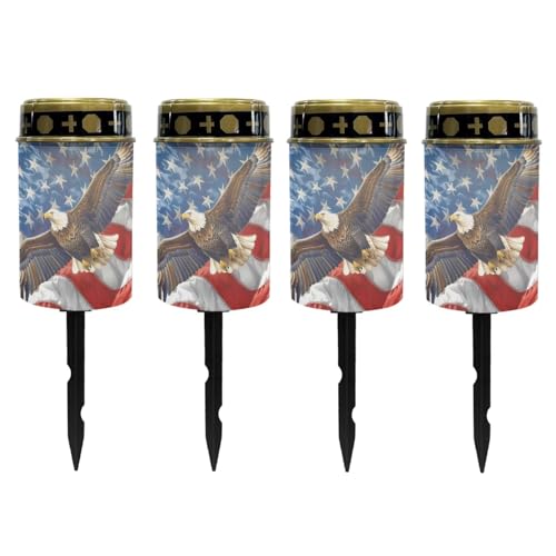 Image of Poceacles Eagle American Flag Pattern Solar Lights Outdoor Waterproof Grave Lights for Cemetery LED Flameless Candle Cemetery Solar Pillar Candles Outdoor Decor, 4 Piece