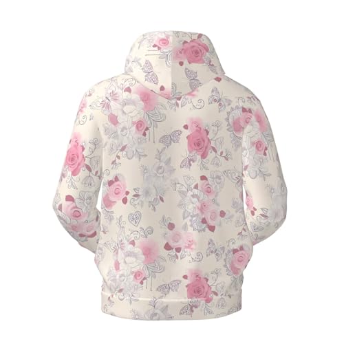 Men's Fleece Pullover Hoodies, Beautiful vintage pink flower Printed Casual Drawstring Hooded Sweatshirts2