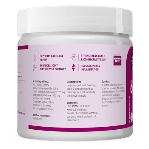 Image of Wagging Tails Bone & Joint Collagen for Dogs & Cats | Hip & Joint Supplement for Mobility | Hydrolyzed Collagen, Glucosamine & MSM | All Breeds | Unflavoured Powder 200g | Pack of 3