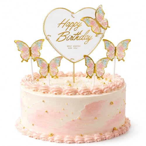 Image of Wanna Party Happy Birthday Cake Topper with Multicolor Butterflies, 5 Pcs Butterfly Cake Decoration Set for Birthday Cake, Cupcake, Dessert Table, Party Decor & Celebration Supplies