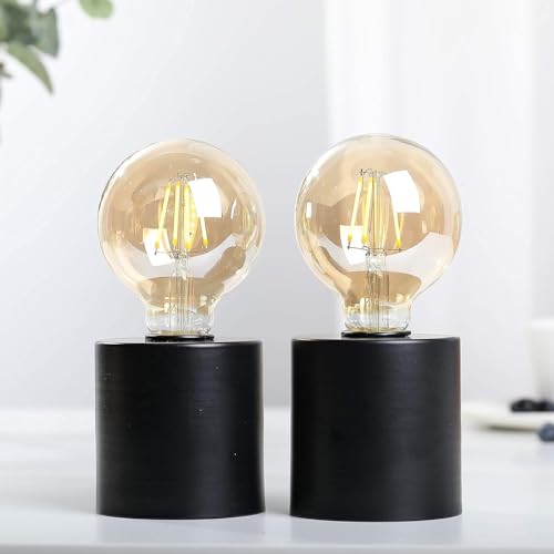 JHY DESIGN Lot de 2 lampes de table décoratives alimentées par piles 18 cm de haut avec lanterne sphérique en verre ambré Lampe sans fil en métal alimentée pour les mariages (Noire)