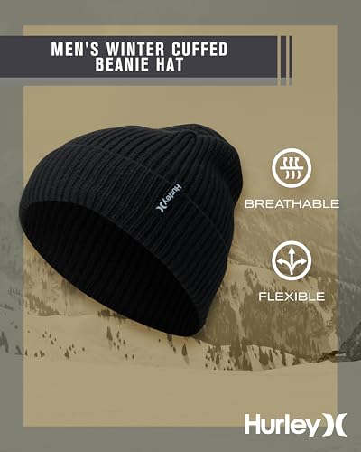 Image of Hurley Men's Cuffed Beanie - Classic Midweight Loose Knitted Winter Hat for Men