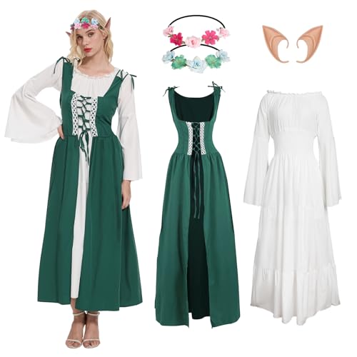 YRTBGD Mittelalter Kleidung Damen,Renaissance Kleid mit Elfenohren Waldelfen Kopfschmuck-Halloween Karneval Kostüm Damen (Grün, L)