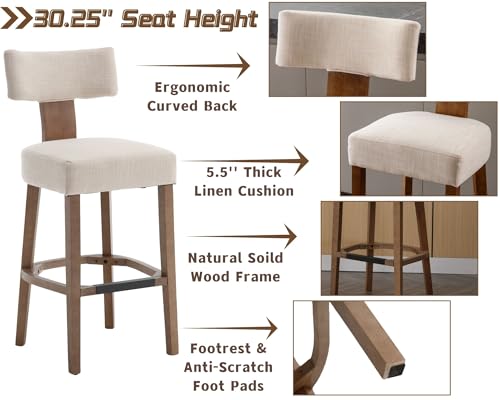 Farmhouse-30-Extra-Tall-Bar-Stools-Set-of-2-Modern-Counter-Height-Barstools-with-Backs-Rustic-Wood-Bar-Stools-Linen-Upholstered-Counter-Chairs-Kitchen-Island-Stool-Chairs-with-Wood-Frame-Beige Farmhouse 30 Extra Tall Bar Stools Set of 2 Modern Counter Height Barstools with Backs Rustic Wood Bar Stools Linen Upholstered Counter Chairs Kitchen Island Stool Chairs with Wood Frame Beige