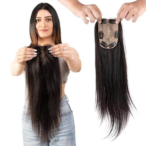 Image of Capilus 100% Human Hair Extensions for Women, Clip in Scalp Topper /Hair Topper, Silk Based- (5 inchx3 inch, 16 Inches, Natural Brown)