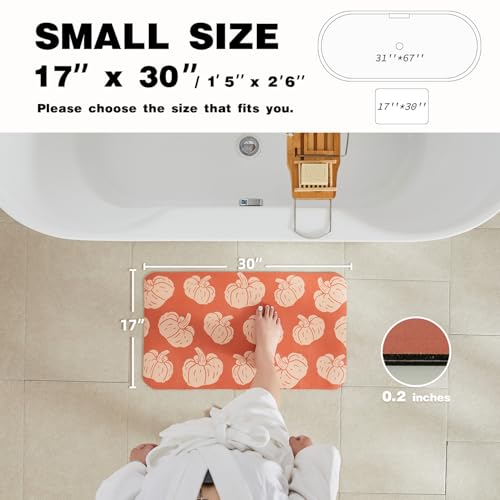 Halloween Bath Mat, Thin Halloween Bathroom Rug Non-Slip Quick Dry Pumpkin Bath Mat Fits Under Door Thin Floor Mat Fall Halloween Decor, 17’’x30‘’, Pumpkins Orange