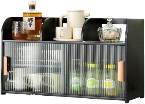 Barino ウォーターカップ収納ボックス ミニ卓上収納食器棚 竹製 キッチンカウンター カップボード 防塵 引き戸 防湿 防虫 大容量 キッチンキャビネット 調味料 お茶碗 小物入れ収納 ひとり暮らし用 簡単組立省スペース (仕切り付き 67x25x39