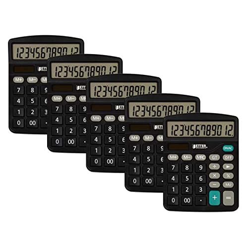 Better Office Products Large Desktop Calculators, 5 Pack, 12-Digit LCD Display, Angled Display Panel, Standard Function, Black, Dual Power with Included AA Battery Power, 5 Pack