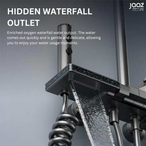 Image of Jaaz Thermostatic Piano Shower Set for Bathroom with Rainfall Showerhead, Waterfall Outlet, Hand Shower & Temperature Display - Matte Black (Moonlit)