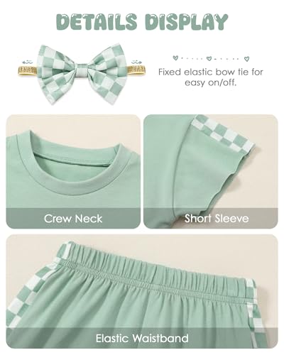 Image of SANMIO Toddler Girl Clothes Summer 3 Piece Outfits Cute | Short Sleeves Checkered Tops Shorts and Headband Girls Clothing Set