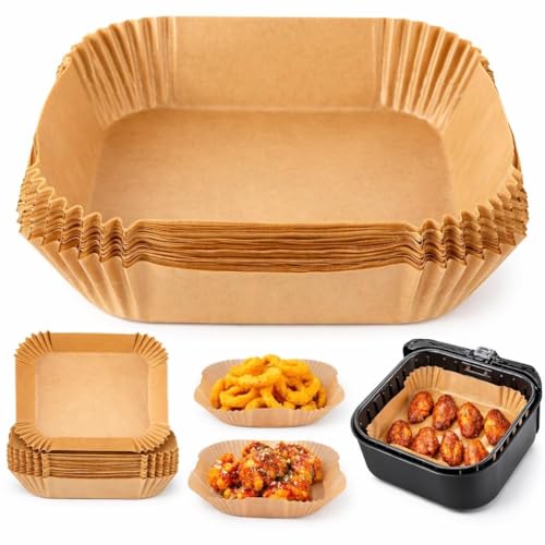 Image of 50 PCS Air Fryer Paper Sheets, Disposable Paper Liner for Microwave, Oil-Proof Air Fryer Parchment Paper for Frying, Baking, Cooking, Roasting and Microwave (Square 8 INCH)