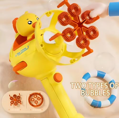 Image of 2-in-1 Automatic Bubble Maker Submarine Toy Gun & Mini Fan Toy for Kids | Cute Duck Bubble Blower Machine with Powerful Motor | Outdoor Summer Play Toy, LED Bubble Gun, Fun Party Gift for Boys