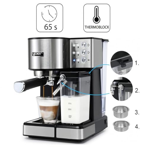 YOER EMF01S Lattimo - Black Espresso Machine - Portafilter Machine - Barista Professional Coffee Machine 1350 W - Fully Automatic with 20 Bar Pressure - 1.8 L Water Tank - Drip Grid on Stainless Steel - Image 3