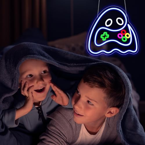 Image of Ghost Neon Sign, JGHTURIE Gamer Neon Signs for Wall Decor Gaming Light Up Blue Led Sign USB Powered Game Room, Man Cave Decor