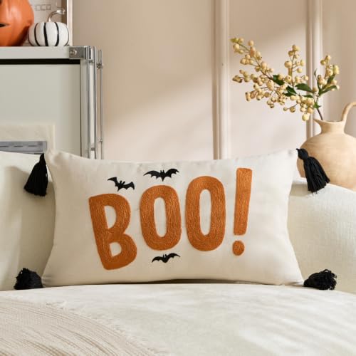 yeshttdy Halloween Pillow Covers 12x20 Inch Embroidery Ghost Bats Lumbar Pillow Covers Cushion Case Decorative Throw Pillow Covers for Sofa Bed Couch Halloween Home Decor
