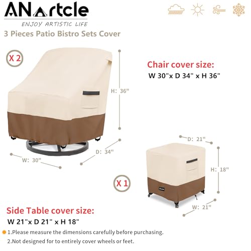 Image of ANartcle 3 Pieces Patio Bistro Sets Cover,600D Waterproof Heavy Duty Patio Furniture Covers,Includes 2 Outdoor Swivel Chair Covers and 1 Patio Wicker Side Table Cover(Beige&brown)