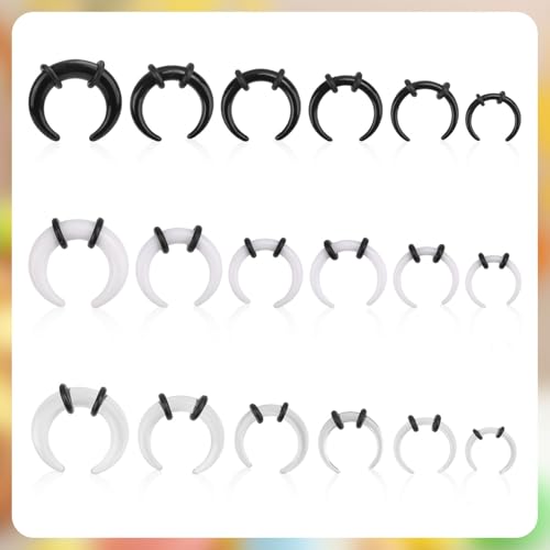 18 Pcs Acrylic Septum Rings, Three Colors C Shaped Pincher Tapers Septum Hoop Stud Nose Gauge Stretching Kit for Nose Ear Piercings Gauges Size 4G 6G 8G 10G 12G 14G(Black, White, Transparent)3