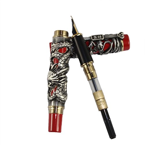 Gullor Noblest Dragon And Phoenix Fountain Pen With Pu Leather Pen Pouch And 5 Colour Ink Cartridge - Antique Silver And Red #TOP4