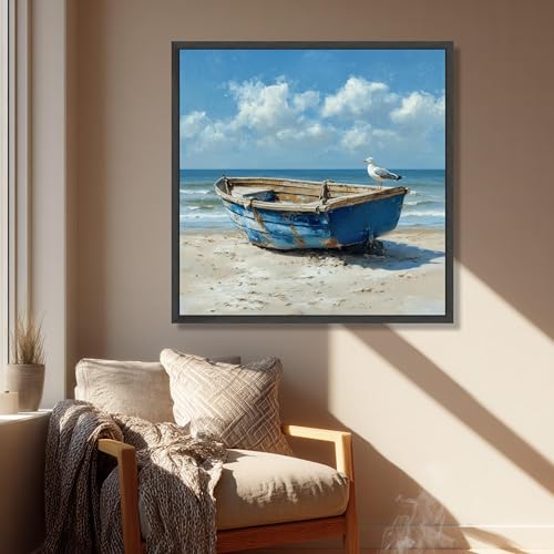 Affiche vintage de plage avec bateau bleu pour salon cosy