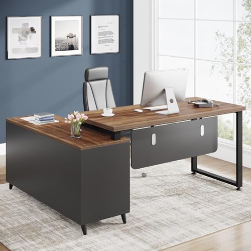 Tribesigns L Shaped Desk with File Drawer, 55 Inch Executive Office Desk with Cabinet Storage Shelves, Business Furniture L Shaped Computer Desk for Home Office (Rustic)