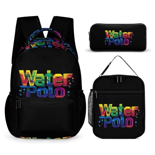 Colorful Water Polo 3 Pcs Backpacks Set Combination 16“ Travel Backpack Portable Lunch Bag Pencil Case for Unisex