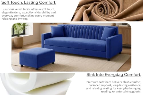 Image of Deco Studio Three-Seater Wooden Sofa Set with Ottoman,Velvet Fabric, Comfortable Couch for Living Room, Office & Apartment-Blue