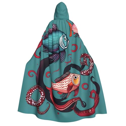 Fisch- und Oktopus-Druck, Unisex, Erwachsene, mit Kapuze, bequemer Umhang, Cosplay, Kostüm, Halloween, Weihnachten, Karneval
