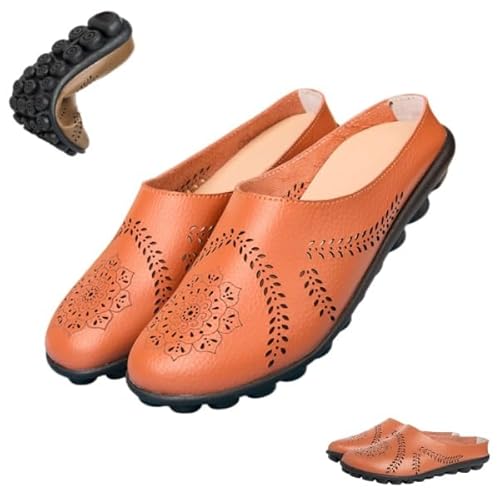 Womens Hollow Out Breathable Mule Sandals Closed Toe Sandals Flats Softsole Lightweight Leather Loafer Slippers (Orange,25.5 cm)