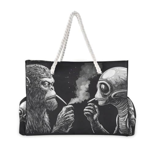 Beach Bag Alien Sasquatch Fun for Women Large Beach Tote Bag with Zipper for Travel Vacation