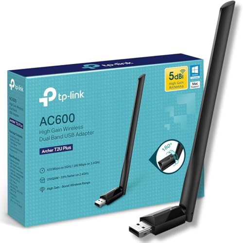 TP-Link Archer T2U Plus WiFi Dongle WiFi Adapter for PC AC600 High Gain Wireless High-Gain Antenna Dual Band Wireless USB WiFi Adapter for PC USB WiFi Dongle Supports Win/Mac OS X High-Speed