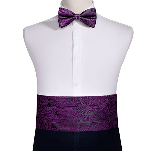 Image of Barry.Wang Men Silk Paisley Cummerbund and Pre-tied Bowtie Handkerchief Cufflink Set for Tuxedo